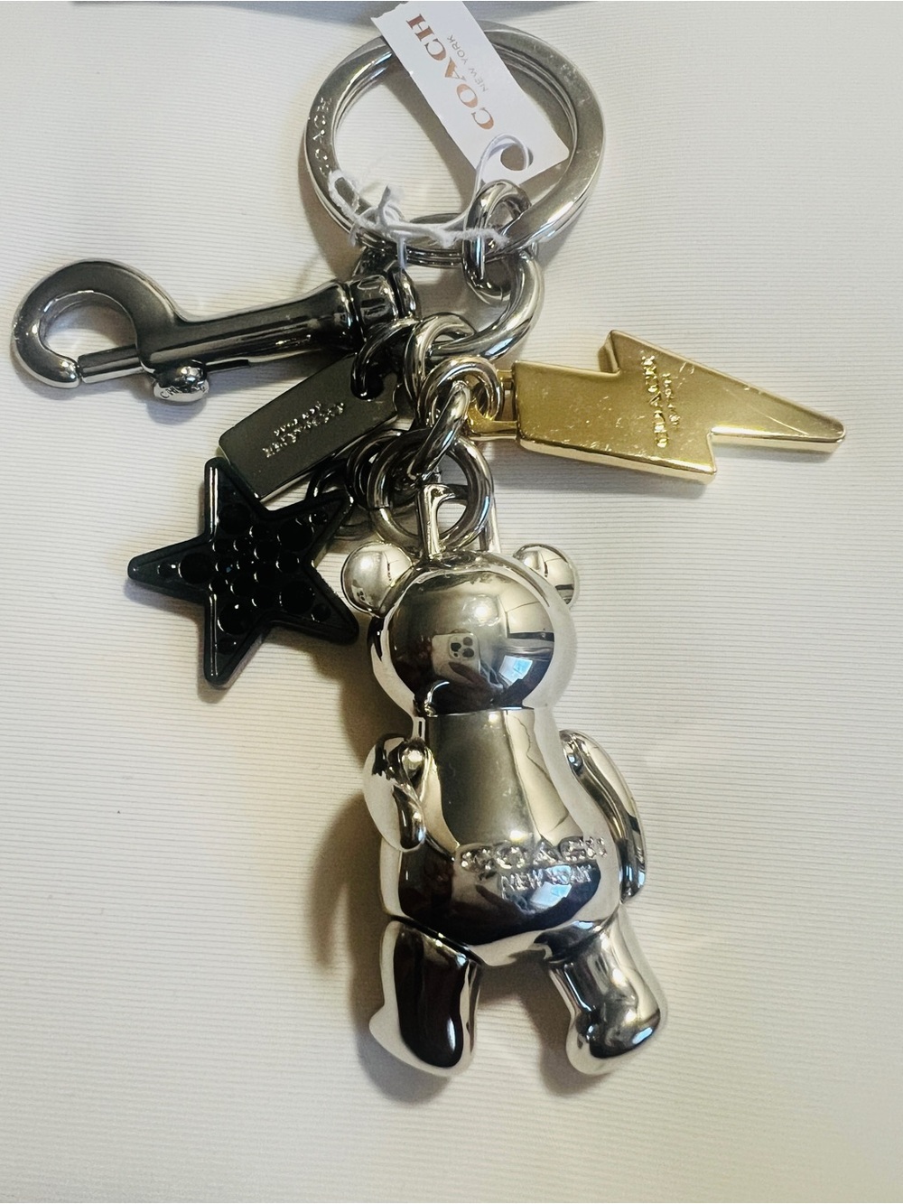 NWT RARE HTF COACH Silver Teddy Bear with Star & Lightning Keychain/Bagcharm - Picture 4 of 5